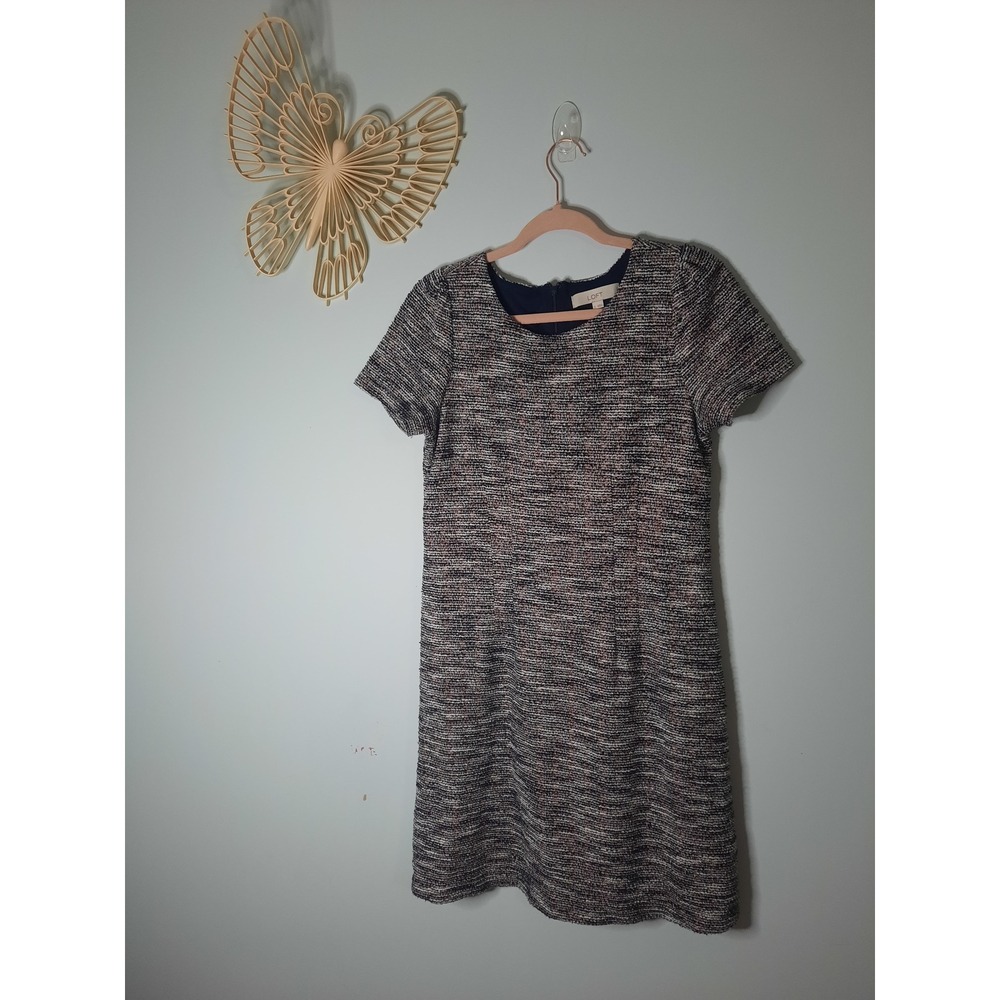 Loft Womens Navy Blue Multi Color Tweed Short Sleeve Shift Dress Size 6